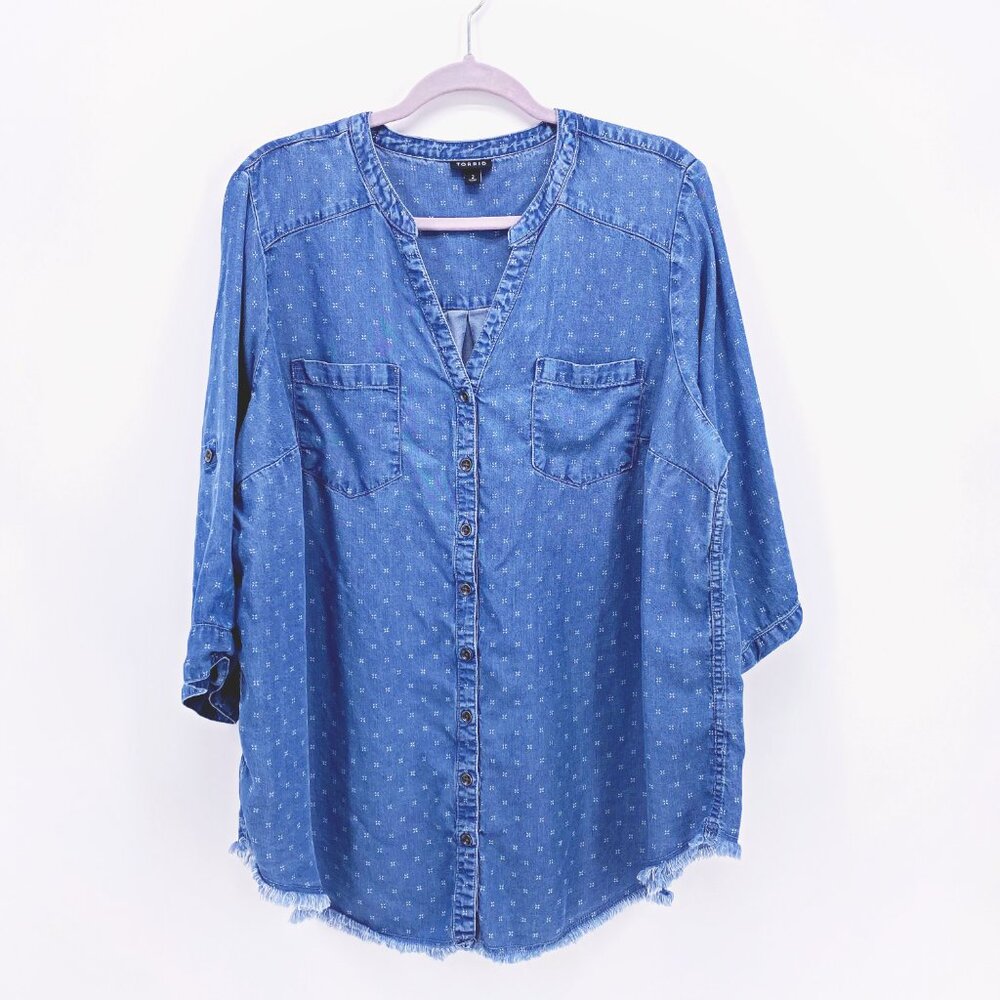 Torrid Denim Button-Front Raw Hem Tunic Shirt